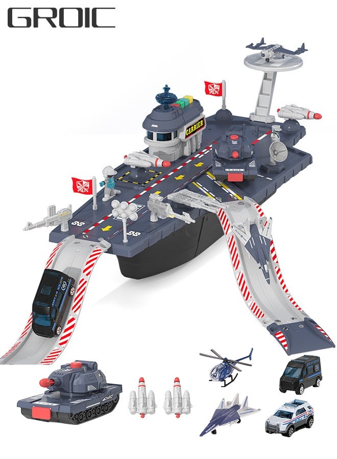 Aircraft Carrier Ship Toy for Kids, Aircraft Carrier Set with 2 Planes, 1 Tucker and 2 Police Cars and 2 Own Guns, Cannon, Track, Radar, Parking Apron, DIY Construction Educational Building Blocks Toy