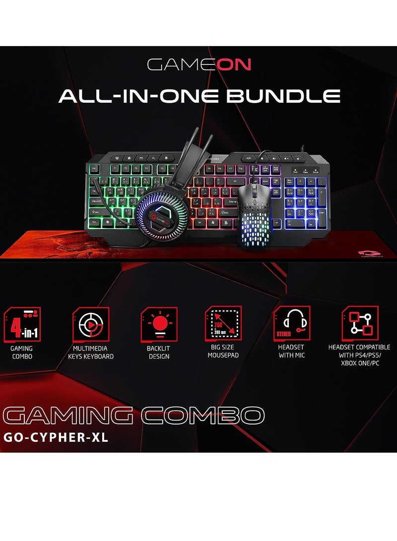 GAMEON CYPHER XL All In One Gaming Bundle Keyboard Headset Mouse and Mousepad RGB Backlit USB Connectivity for Gamers Black