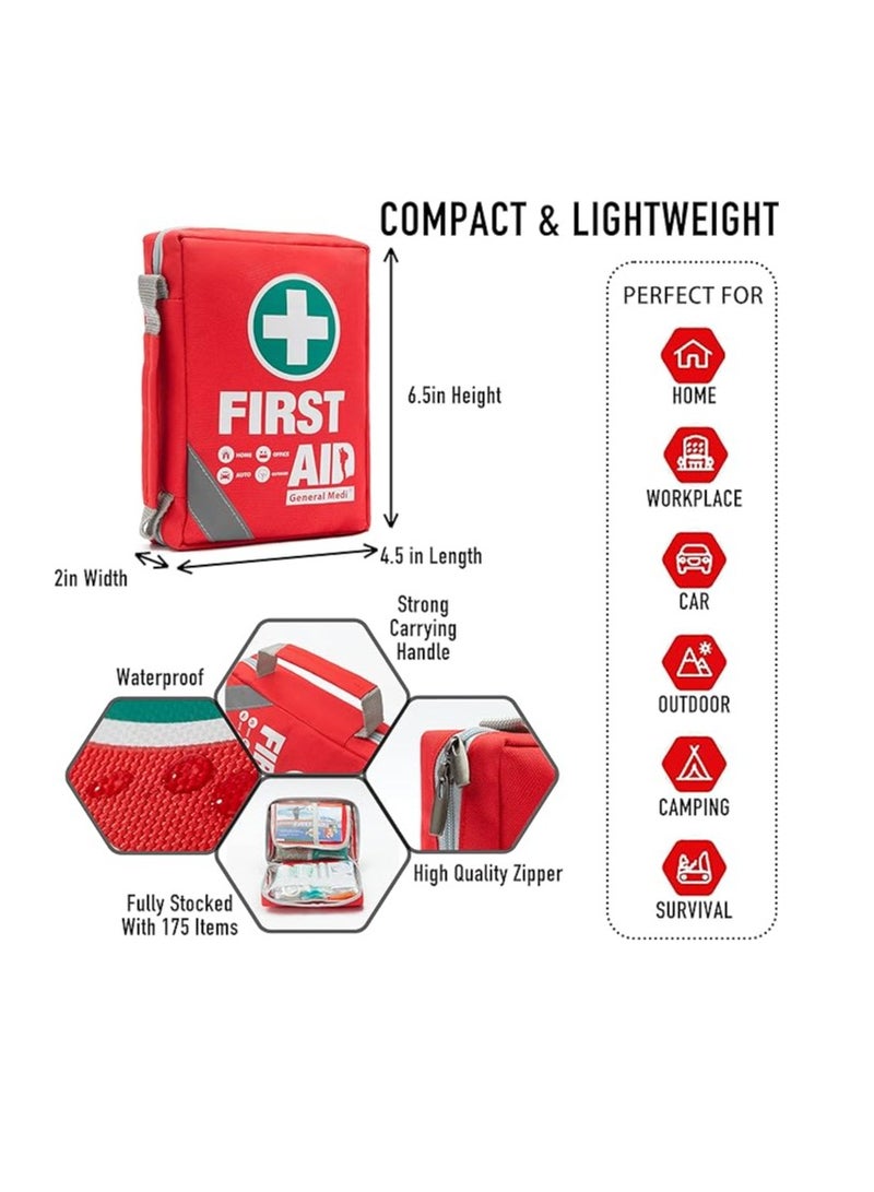 First Aid Kit - Small Compact First Aid Kit Bag(175 Piece) - Reflective Bag Design- Includes 2 x Eyewash, Instant Cold Pack, Emergency Blanket
