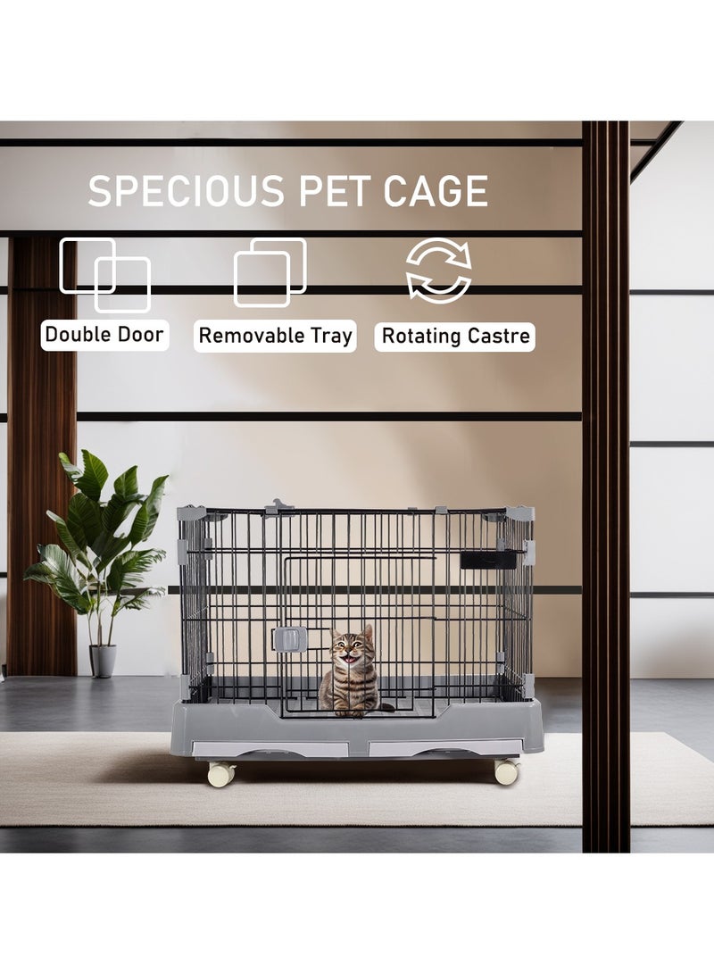 Pet cat cage, Dog and cat playpen with double door and drawer tray, Sturdy carbon steel pet cage for medium dogs/cats, Grey pet crate, 75 cm Indoor cat cage.