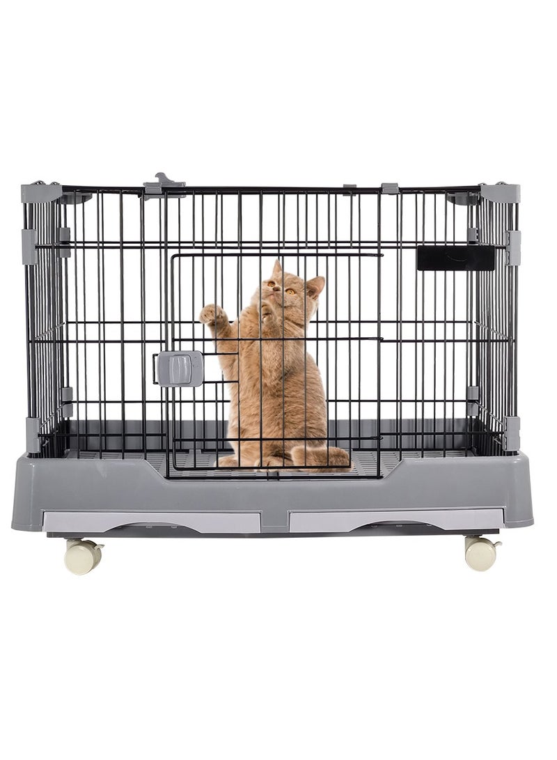 Pet cat cage, Dog and cat playpen with double door and drawer tray, Sturdy carbon steel pet cage for medium dogs/cats, Grey pet crate, 75 cm Indoor cat cage.