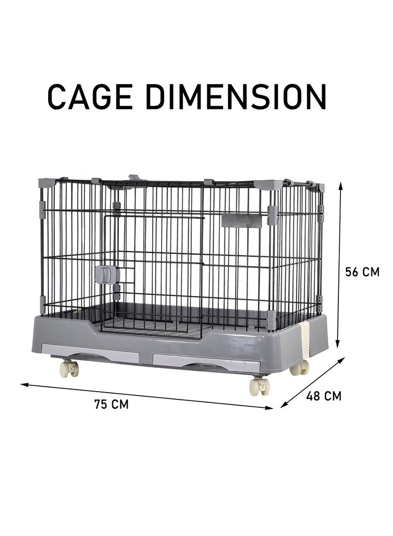 Pet cat cage, Dog and cat playpen with double door and drawer tray, Sturdy carbon steel pet cage for medium dogs/cats, Grey pet crate, 75 cm Indoor cat cage.