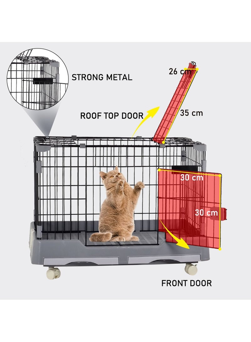 Pet cat cage, Dog and cat playpen with double door and drawer tray, Sturdy carbon steel pet cage for medium dogs/cats, Grey pet crate, 75 cm Indoor cat cage.