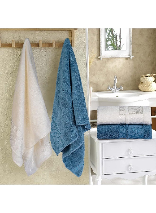 Bath Towels And Hand Towels 4-Piece Turkish Set, 100% Genuine Bamboo Cotton 2 Large Bath Towels And 2 Hand Towels, Super Soft, Luxury And Extra Absorbent (White-Blue)