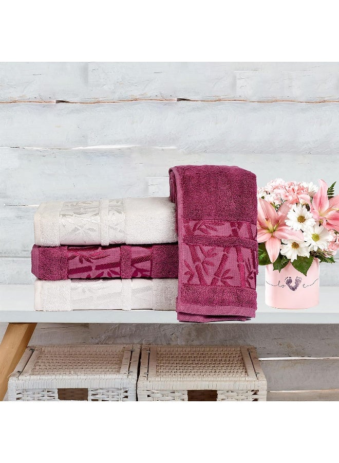 Bath Towels And Hand Towels 4-Piece Turkish Set, 100% Genuine Bamboo Cotton 2 Large Bath Towels And 2 Hand Towels, Super Soft, Luxury And Extra Absorbent (White-Burgundy)