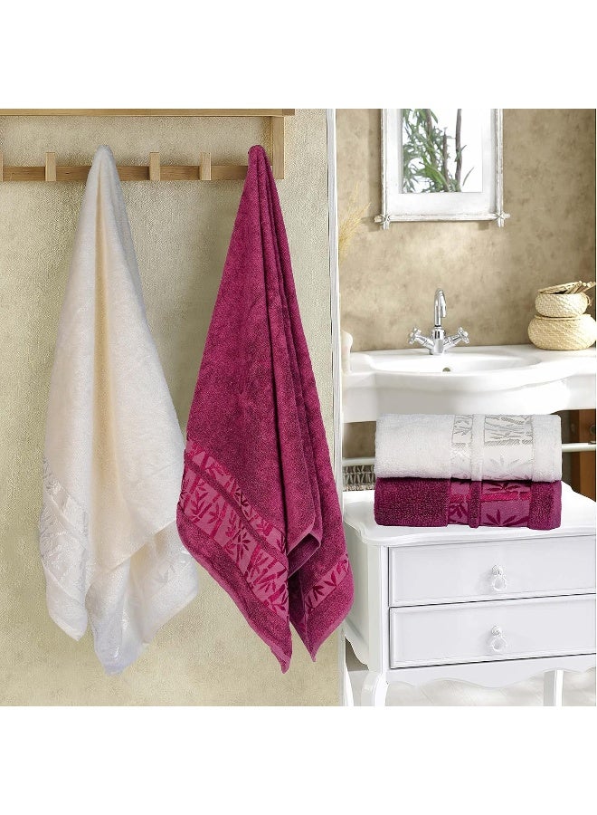 Bath Towels And Hand Towels 4-Piece Turkish Set, 100% Genuine Bamboo Cotton 2 Large Bath Towels And 2 Hand Towels, Super Soft, Luxury And Extra Absorbent (White-Burgundy)