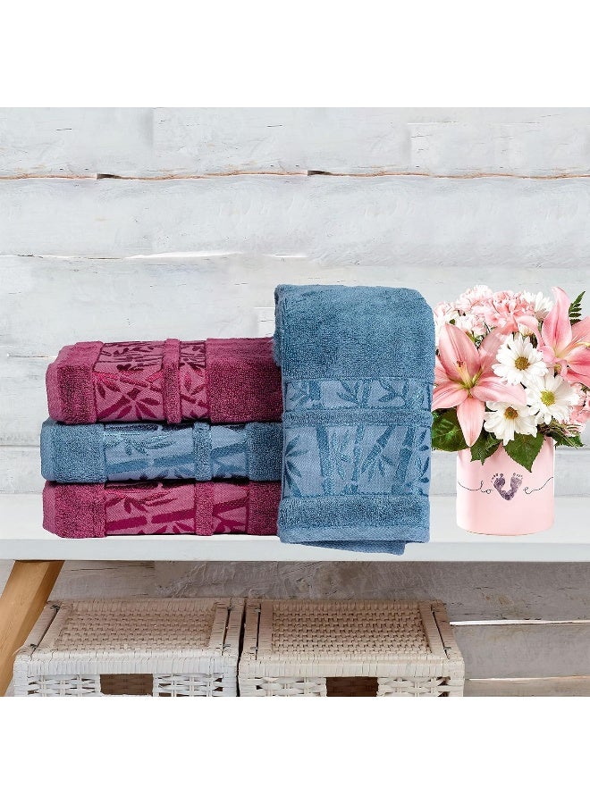 Bath Towels And Hand Towels 4-Piece Turkish Set, 100% Genuine Bamboo Cotton 2 Large Bath Towels And 2 Hand Towels, Super Soft, Luxury And Extra Absorbent (Blue-Burgundy)