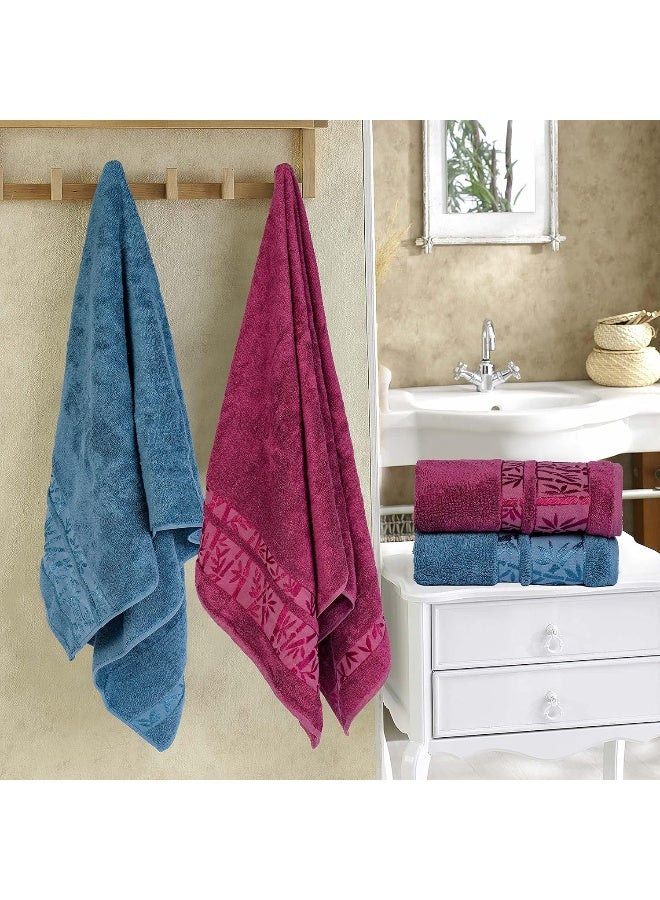 Bath Towels And Hand Towels 4-Piece Turkish Set, 100% Genuine Bamboo Cotton 2 Large Bath Towels And 2 Hand Towels, Super Soft, Luxury And Extra Absorbent (Blue-Burgundy)