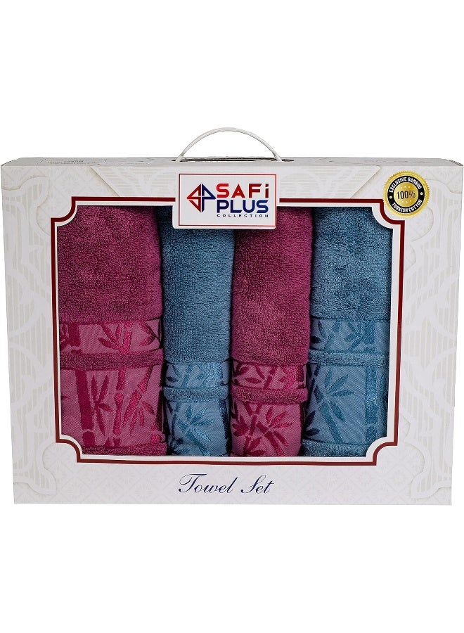 Bath Towels And Hand Towels 4-Piece Turkish Set, 100% Genuine Bamboo Cotton 2 Large Bath Towels And 2 Hand Towels, Super Soft, Luxury And Extra Absorbent (Blue-Burgundy)