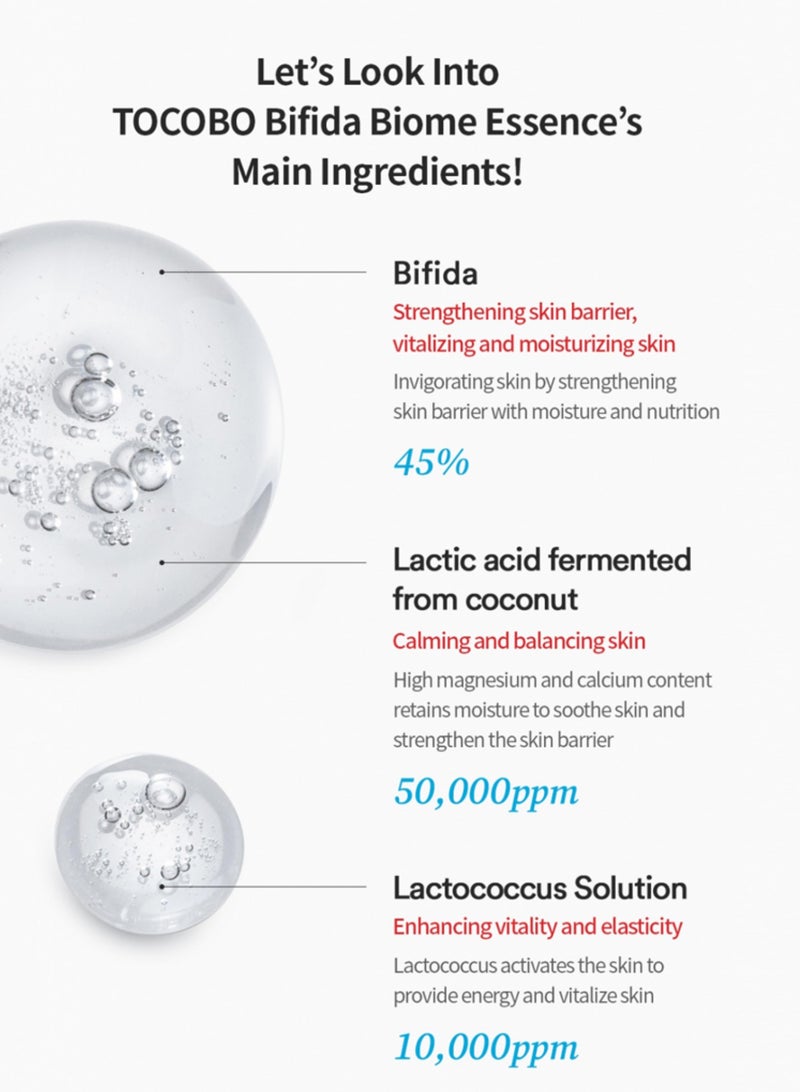 TOCOBO Bifida Biome Essence 50ml – Revitalizing Essence with Bifida Ferment Lysate for Hydration, Skin Barrier Repair, and Antioxidant Protection – Enhances Skin Texture and Radiance