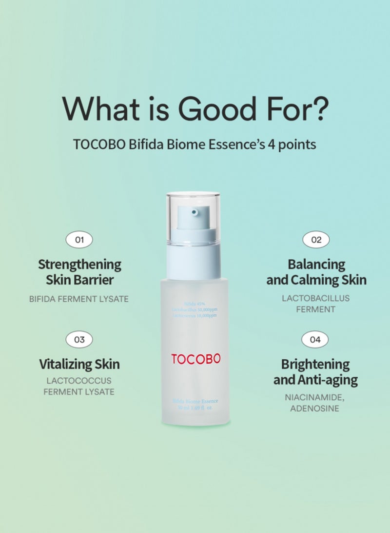 TOCOBO Bifida Biome Essence 50ml – Revitalizing Essence with Bifida Ferment Lysate for Hydration, Skin Barrier Repair, and Antioxidant Protection – Enhances Skin Texture and Radiance