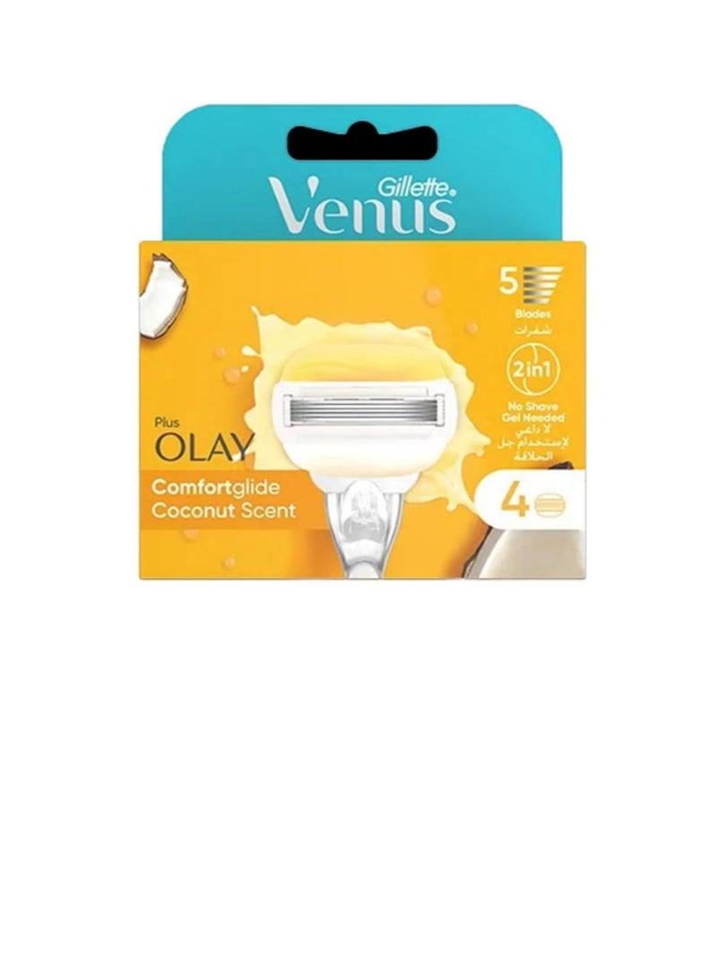 Venus Gillette Olay ComfortGlide Womens 5 Razor Blade Refills, 4 Count, Infused with Coconut Scent