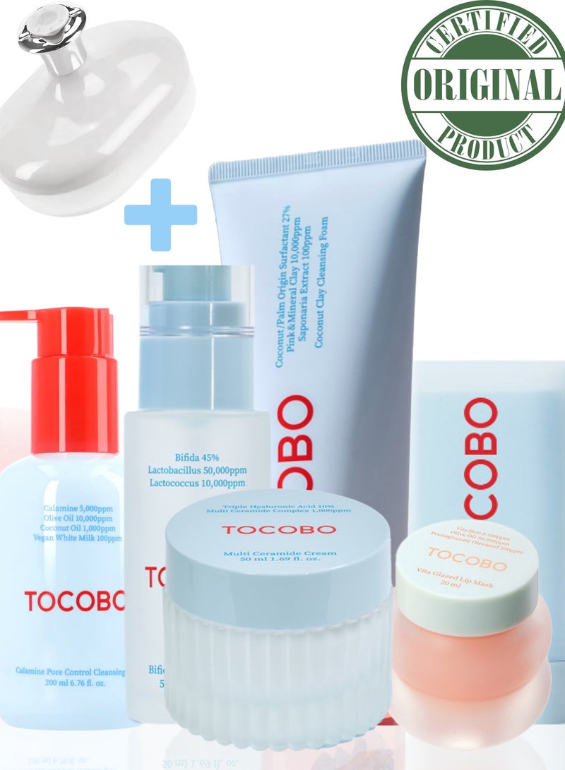 Tocobo Pore Cleansing Oil 200ml, Soft Sun Stick, Coconut Cleansing Foam 150ml, Vita Glazed Lip Mask & Face Scrubber | Complete Skincare Set for Deep Cleansing, Sun Protection, and Hydration