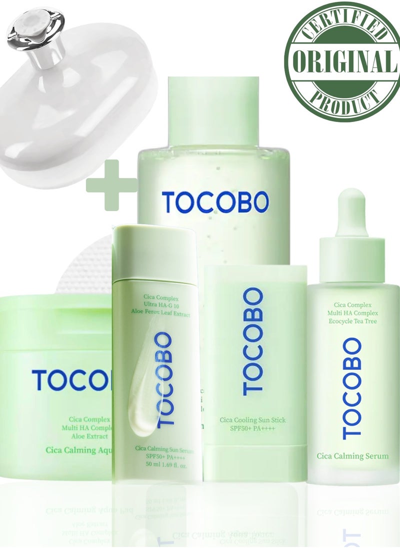 Tocobo Cica Aqua Calming Toner 200ml ,\ Tocobo Toner Pad 150mlj Tocobo Cica Gel Cream 75ml\ & Cica Cooling Sun Stick | Includes Face Scrubber | Calming, Hydrating, and Protective Skincare Set