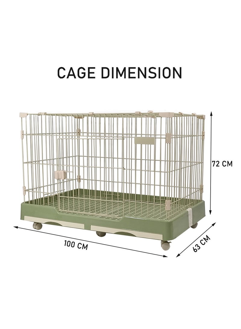 Pet cage, Dog and cat playpen with double door and drawer tray, Sturdy carbon steel pet cage for medium dogs and cats, Green color pet crate 100 cm, Indoor dog cage.