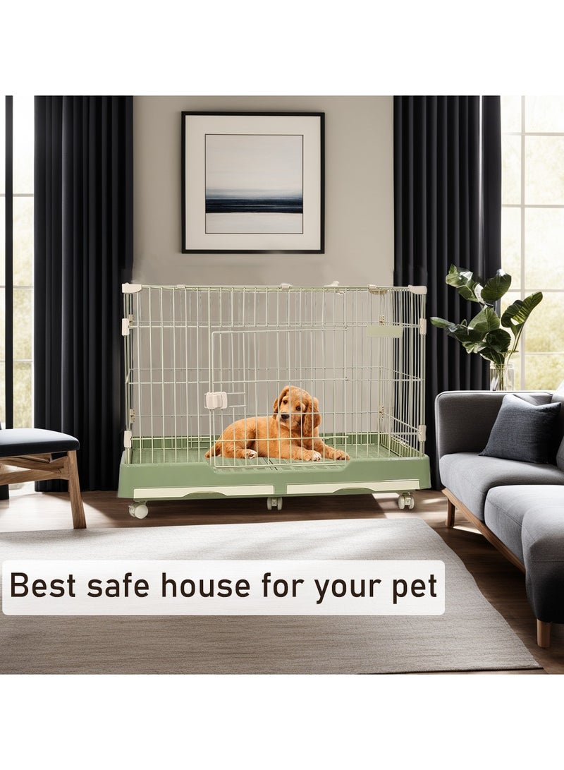 Pet cage, Dog and cat playpen with double door and drawer tray, Sturdy carbon steel pet cage for medium dogs and cats, Green color pet crate 100 cm, Indoor dog cage.