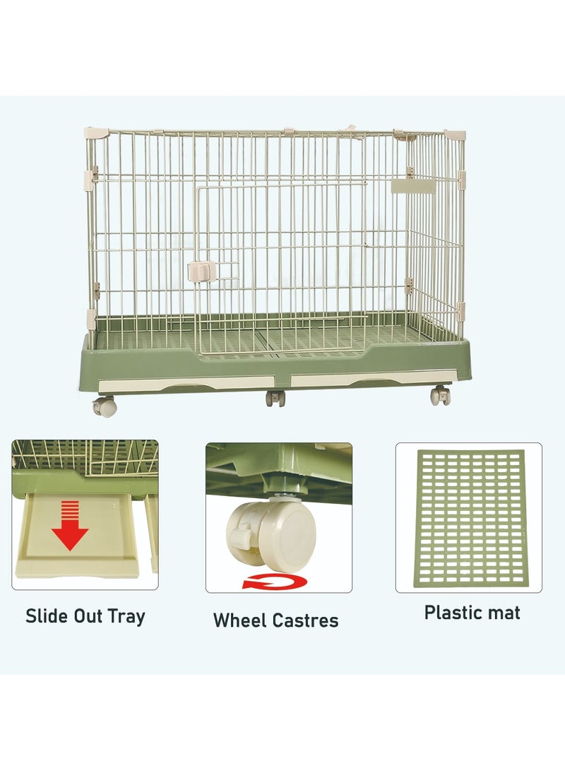 Pet cage, Dog and cat playpen with double door and drawer tray, Sturdy carbon steel pet cage for medium dogs and cats, Green color pet crate 100 cm, Indoor dog cage.