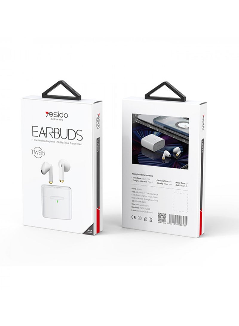 Yesido TWS15 EARBUDS Bluetooth 5.3 Wireless Earphone  Enhanced Sound Quality - White