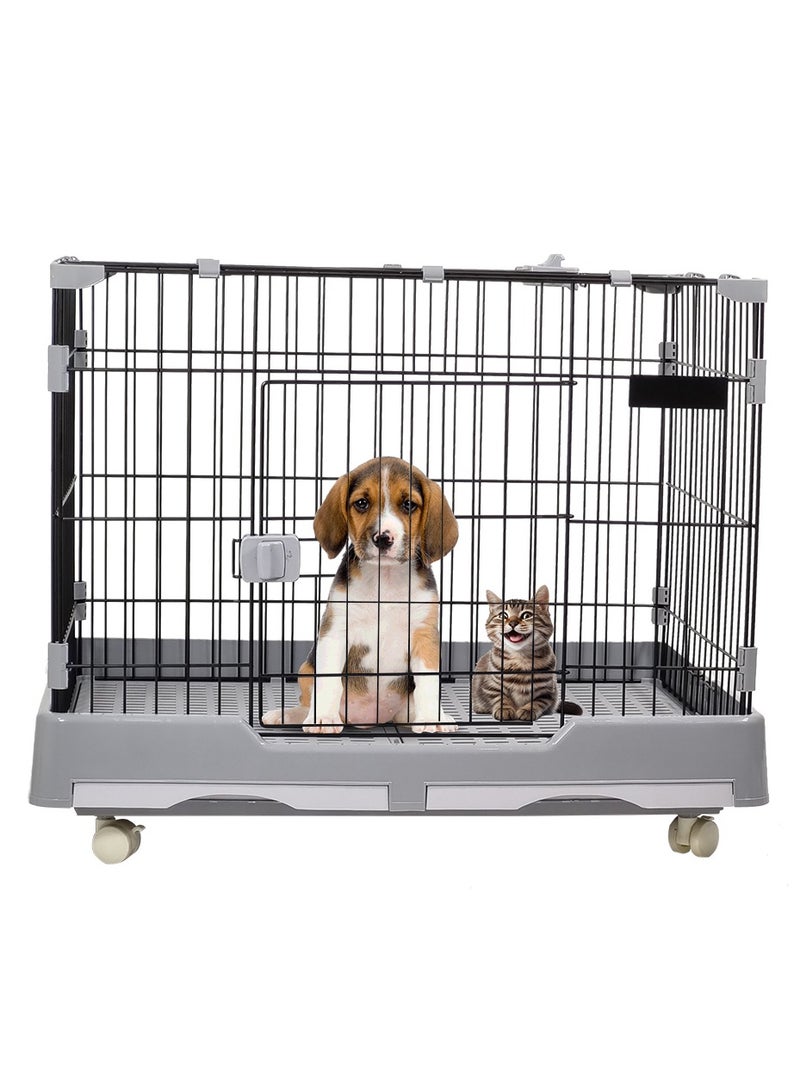 Pet cage, Dog/cat playpen with double door and drawer tray, Sturdy carbon steel Pet cage for medium pets, Grey pet crate 82 cm cat cage.