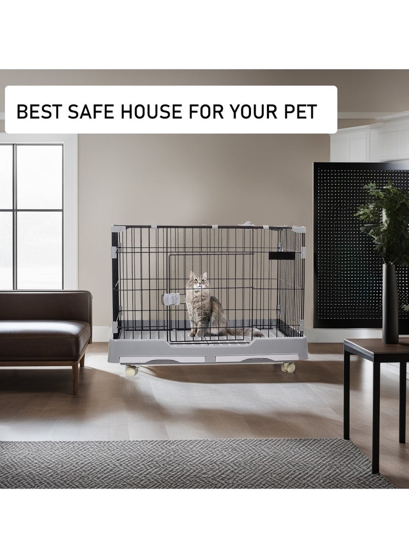 Pet cage, Dog/cat playpen with double door and drawer tray, Sturdy carbon steel Pet cage for medium pets, Grey pet crate 82 cm cat cage.