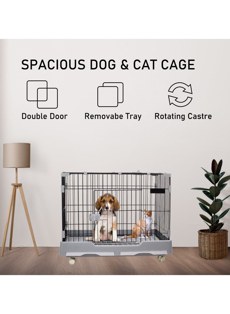 Pet cage, Dog/cat playpen with double door and drawer tray, Sturdy carbon steel Pet cage for medium pets, Grey pet crate 82 cm cat cage.