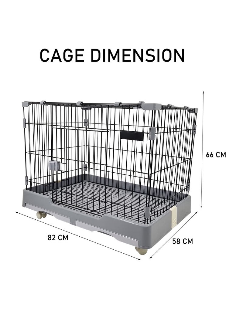 Pet cage, Dog/cat playpen with double door and drawer tray, Sturdy carbon steel Pet cage for medium pets, Grey pet crate 82 cm cat cage.