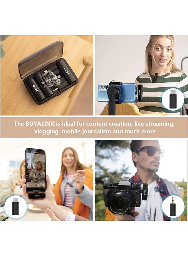 BOYA BOYALINK Wireless Lavalier Microphone for iPhone Android Camera Vlogging, All-in-One Lapel Dual Mic System & Lightning & USB-C Inputs & Battery Case for Smartphones DSLR YouTube Facebook Live