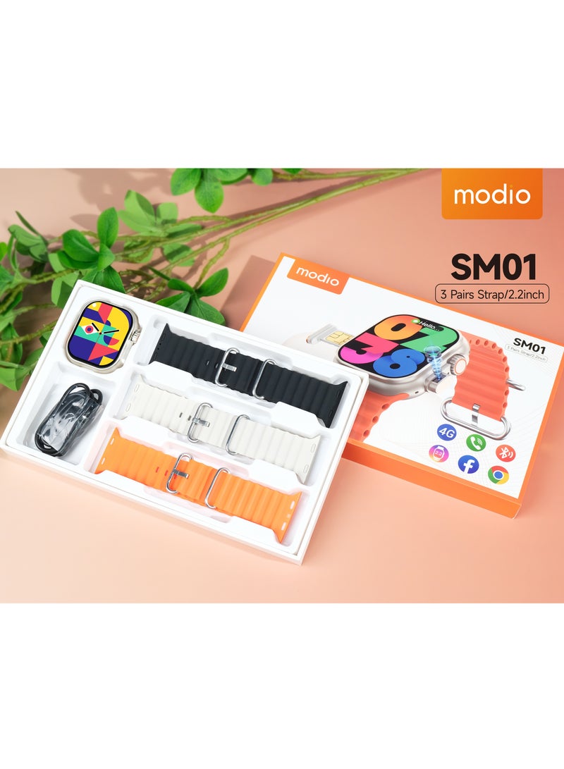 Modio SM01 Smartwatches 4G With Camera | 3 Pair of Strap | 2.2 inch Screen With Space Aluminium Case_Gold