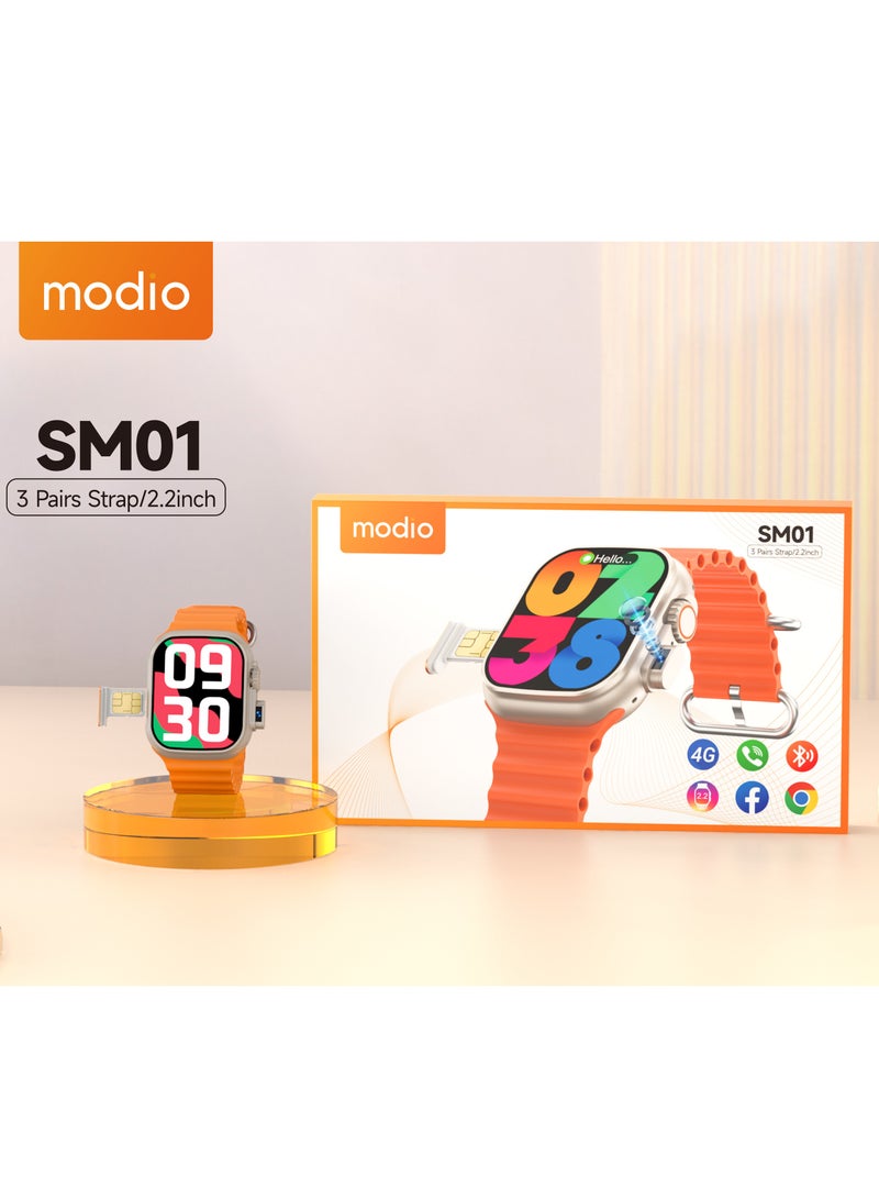 Modio SM01 Smartwatches 4G With Camera | 3 Pair of Strap | 2.2 inch Screen With Space Aluminium Case_Gold