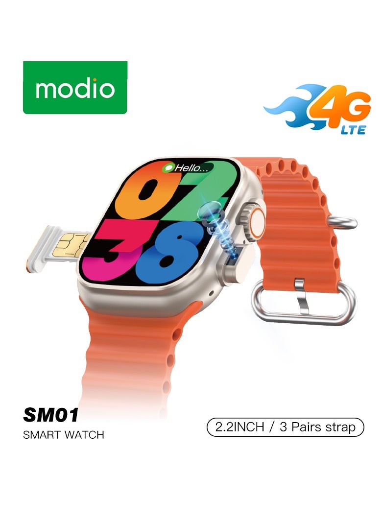 Modio SM01 Smartwatches 4G With Camera | 3 Pair of Strap | 2.2 inch Screen With Space Aluminium Case_Gold