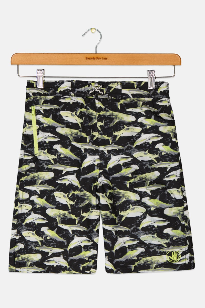 Kids Boy Shark Print Board Short, Black Combo