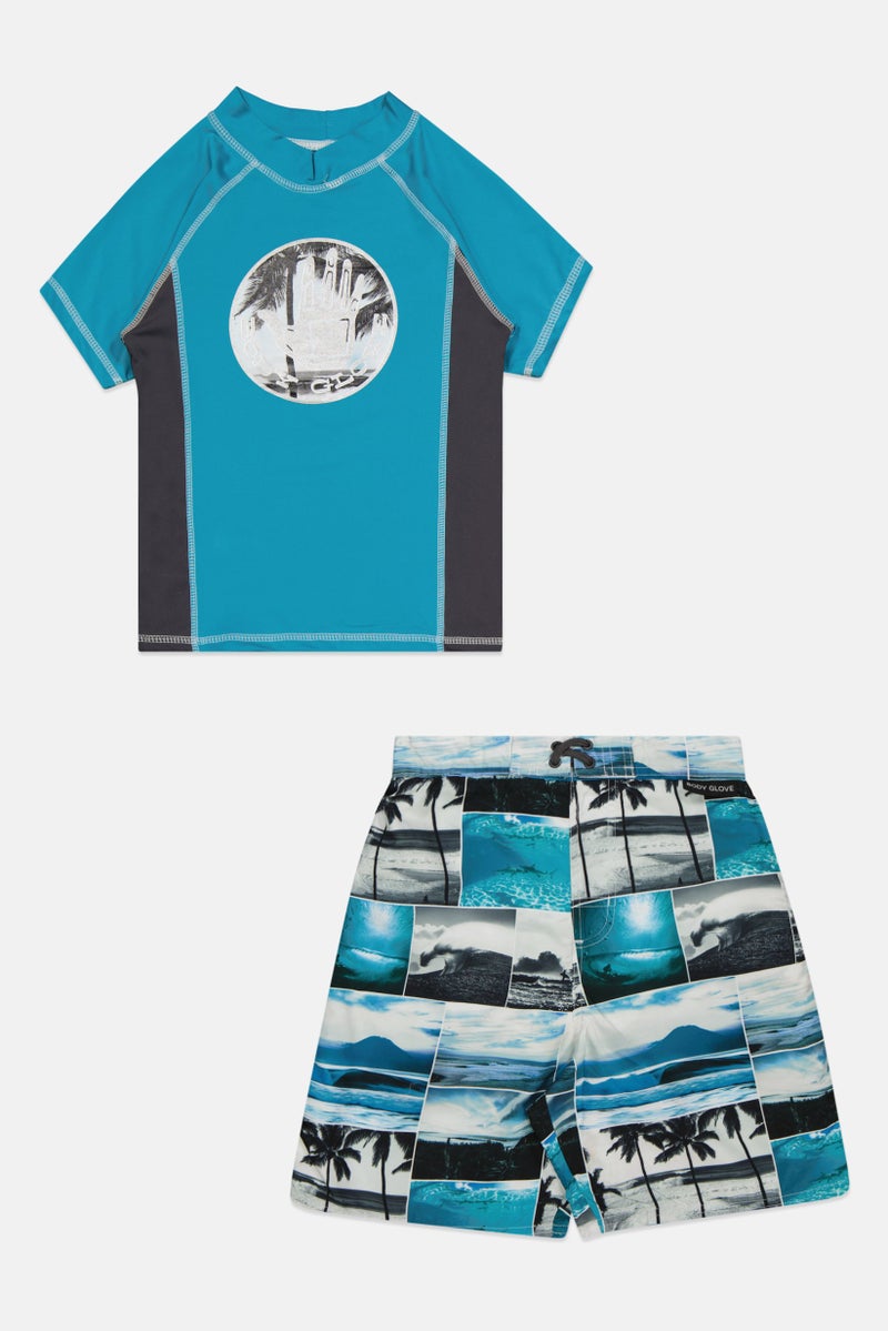 Kids Boys 2 Pieces Printed Swimwear Set, Blue/White Combo