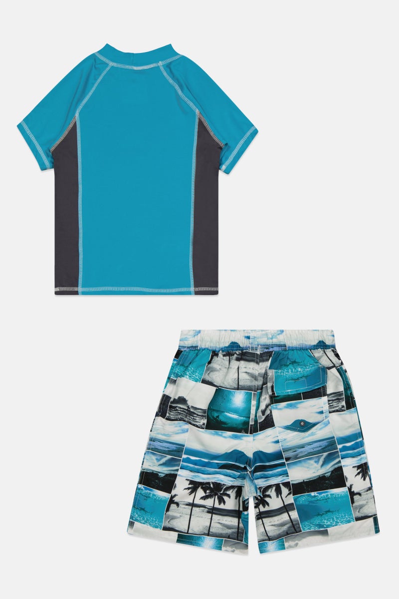 Kids Boys 2 Pieces Printed Swimwear Set, Blue/White Combo