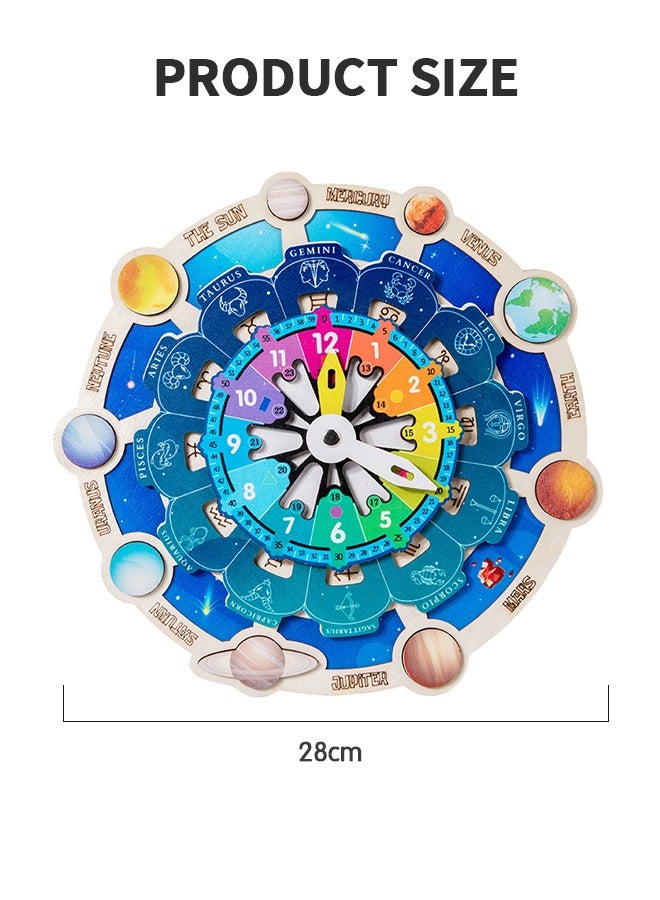 Wooden Clock Toys - Montessori Jigsaw Puzzles Educational Toys Galaxy Learning Toys, Learning Clock Toys for Kids About Months, Time Telling, Constellation Cognition, Planet Graphic Pairing