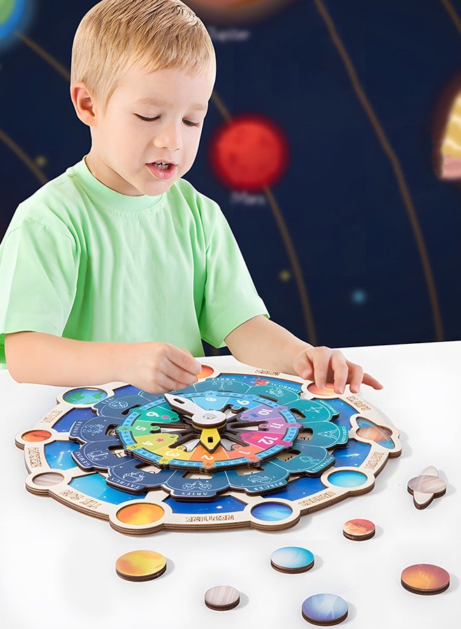 Wooden Clock Toys - Montessori Jigsaw Puzzles Educational Toys Galaxy Learning Toys, Learning Clock Toys for Kids About Months, Time Telling, Constellation Cognition, Planet Graphic Pairing