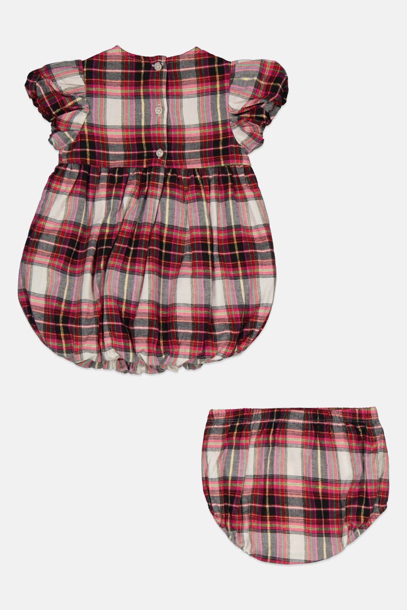 Toddlers Girl 2 Piece Tartan Bloomers And Dress Set, Maroon/Ivory