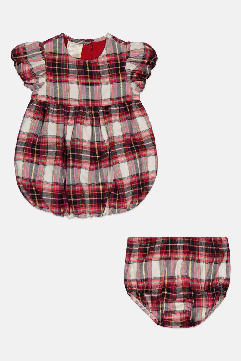 Toddlers Girl 2 Piece Tartan Bloomers And Dress Set, Maroon/Ivory