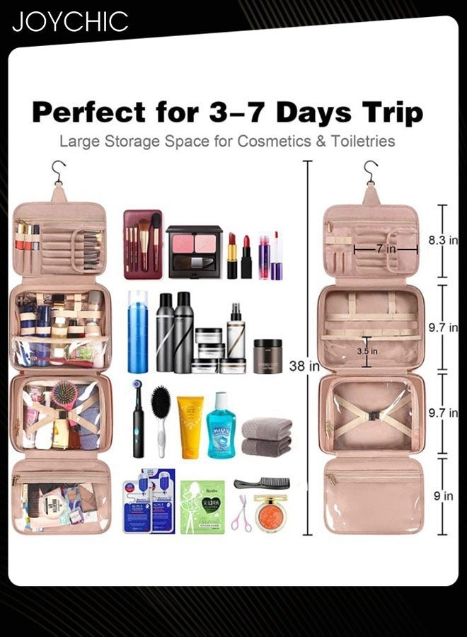 Toiletry Bag Hanging Travel Makeup Bag for Women Large Waterproof Cosmetic Bag Travel Organizer Full Sized Container with Elastic Band Holders for Toiletries Cosmetics Brushes Bottle Pink