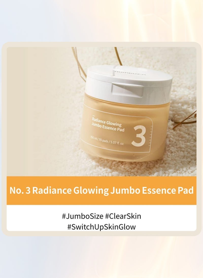 Numbuzin No.3 Radiance Glowing Jumbo Essence Pads - 70 Vegan, Unbleached, Biodegradable Pads with Niacinamide for Clear Glass Skin