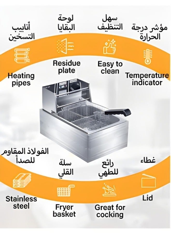 Stainless Steel 6L Deep Oil Fryer with Basket Strainer Jumbo Size Adjustable Temperature & Timer, Perfect Chicken, Shrimp, French Fries, Chips & More, Removable Oil Container