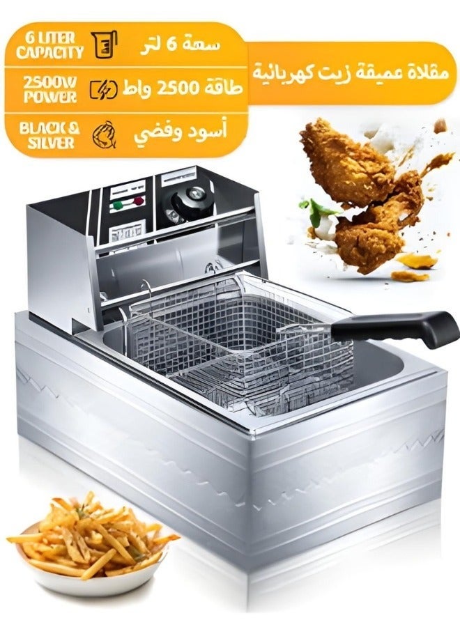 Stainless Steel 6L Deep Oil Fryer with Basket Strainer Jumbo Size Adjustable Temperature & Timer, Perfect Chicken, Shrimp, French Fries, Chips & More, Removable Oil Container