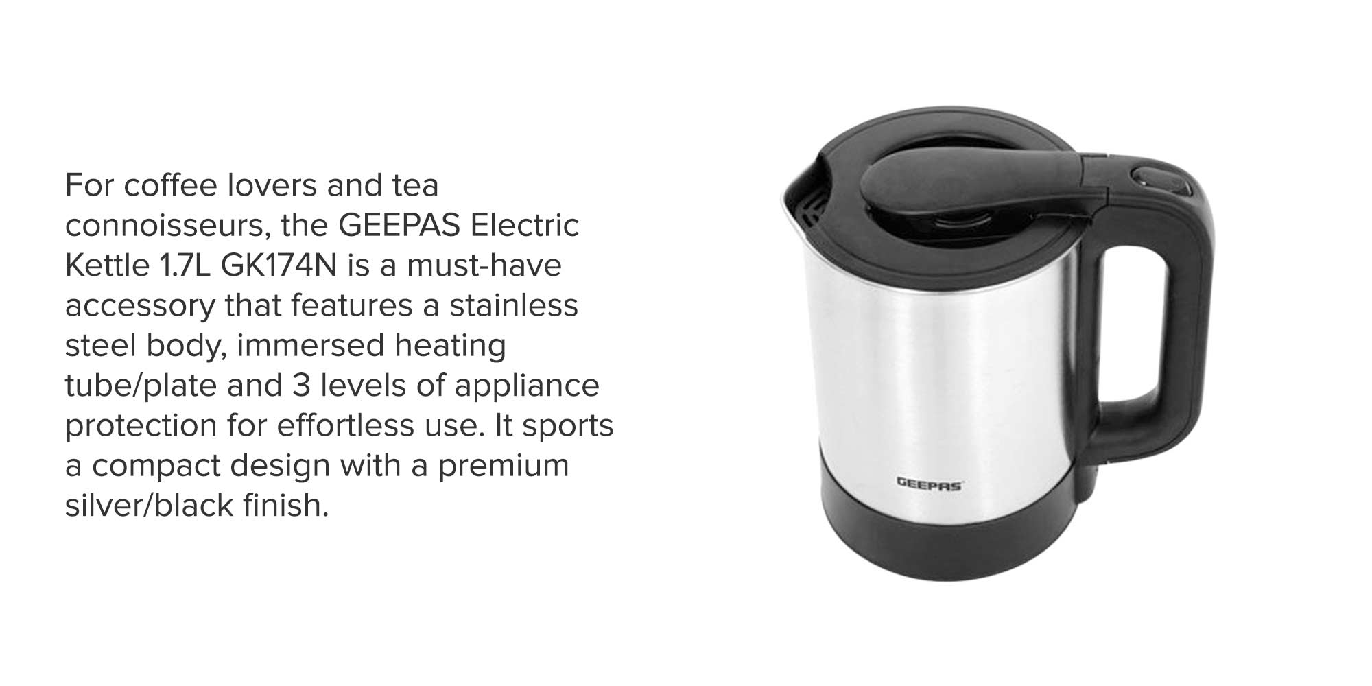 Electric Kettle 1.7L 1.7 L GK174N Silver/Black