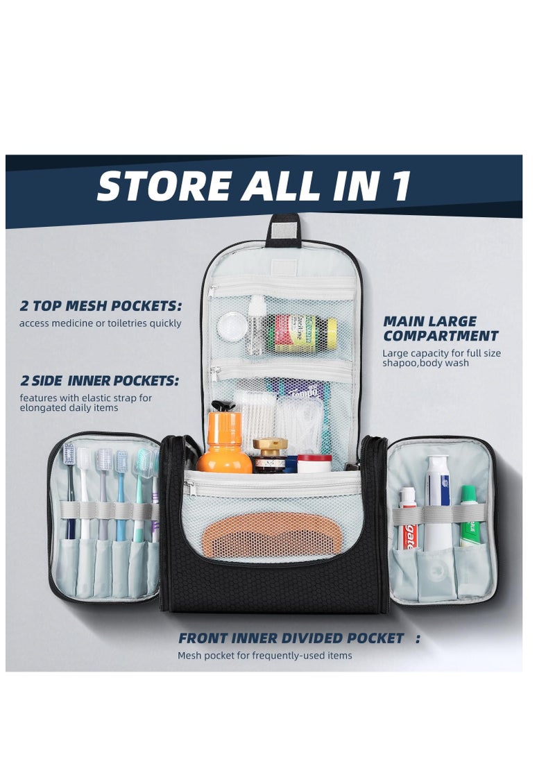 Buruis Large Capacity Toiletry Bag for Women and Men, Hanging Toiletry Organizer Cosmetics Makeup Bag, Water-resistant Dopp kit Shaving Bag for Full Sized Toiletries, Travel Essentials (Black)