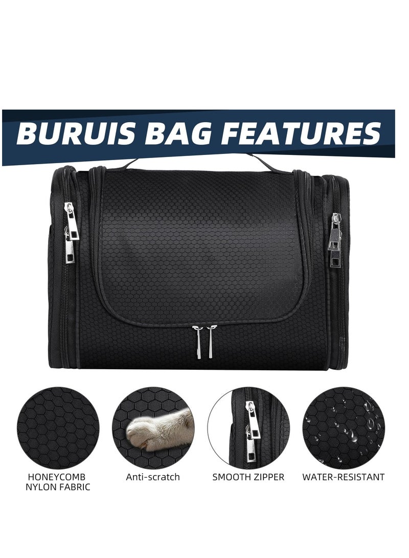 Buruis Large Capacity Toiletry Bag for Women and Men, Hanging Toiletry Organizer Cosmetics Makeup Bag, Water-resistant Dopp kit Shaving Bag for Full Sized Toiletries, Travel Essentials (Black)