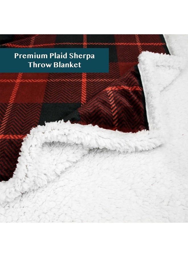 (130Cm X 150Cm , Plaid Red) -  Premium Plaid Fleece Sherpa Throw Blanket Super Soft, Cosy, Lightweight Microfiber, Reversible, All Season For Couch Or Bed