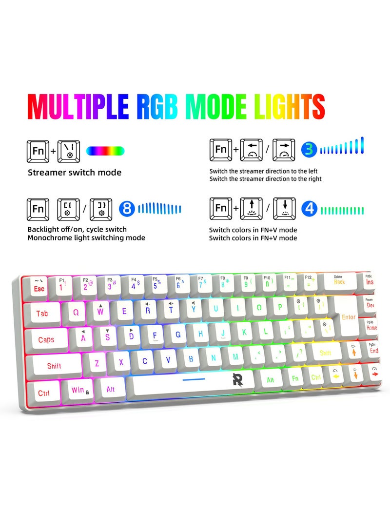 ROCK POW 60% Wired Gaming Keyboard RGB Backlit Mini Keyboard Waterproof Small Ultra-Compact 68 Keys Keyboard for PC/Mac Gamer Typist Travel Easy to Carry on Business Trip White