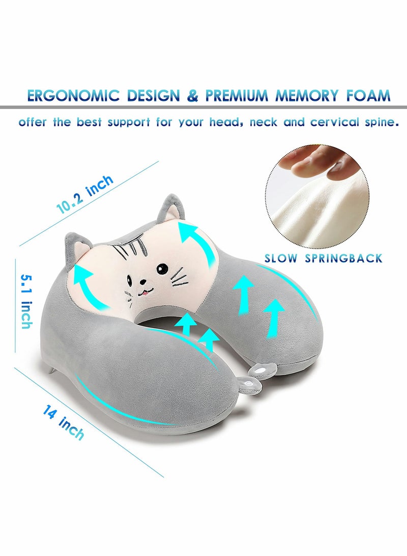 Travel Pillow for Kids and Adults, Cute Animal Memory Foam Neck Pillow with Soft Fleece Cover and Eye Mask Set, Airplane Pillow Travel Kit with Drawstring Organizer Bag, Machine Washable (Kitten)