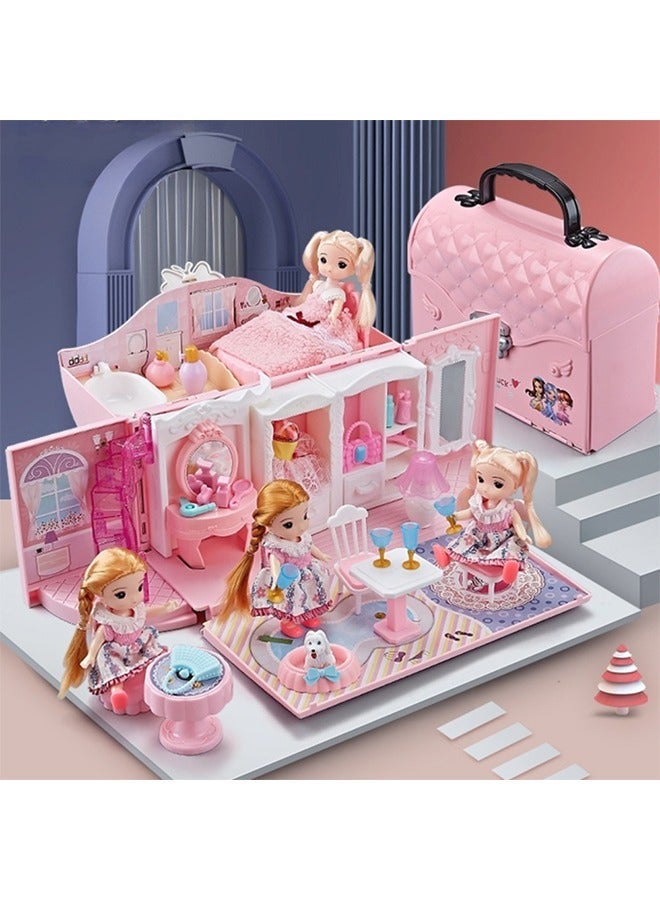 2 Floors Huge handbag Dollhouse Play Set with 2 Rooms 4 doll 1handbag 1 Color Light Strips with Lights to Assemble Bedroom, Furniture, Garden,Pets DIY Pretend Play Doll House for Girls.