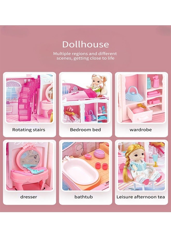 2 Floors Huge handbag Dollhouse Play Set with 2 Rooms 4 doll 1handbag 1 Color Light Strips with Lights to Assemble Bedroom, Furniture, Garden,Pets DIY Pretend Play Doll House for Girls.