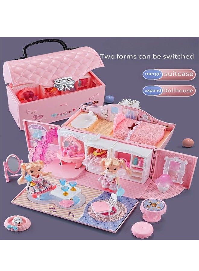 2 Floors Huge handbag Dollhouse Play Set with 2 Rooms 4 doll 1handbag 1 Color Light Strips with Lights to Assemble Bedroom, Furniture, Garden,Pets DIY Pretend Play Doll House for Girls.